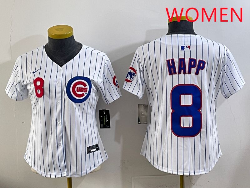 Women 2025 Chicago Cubs #8 Happ White Stripe Game Nike MLB Jersey style 3